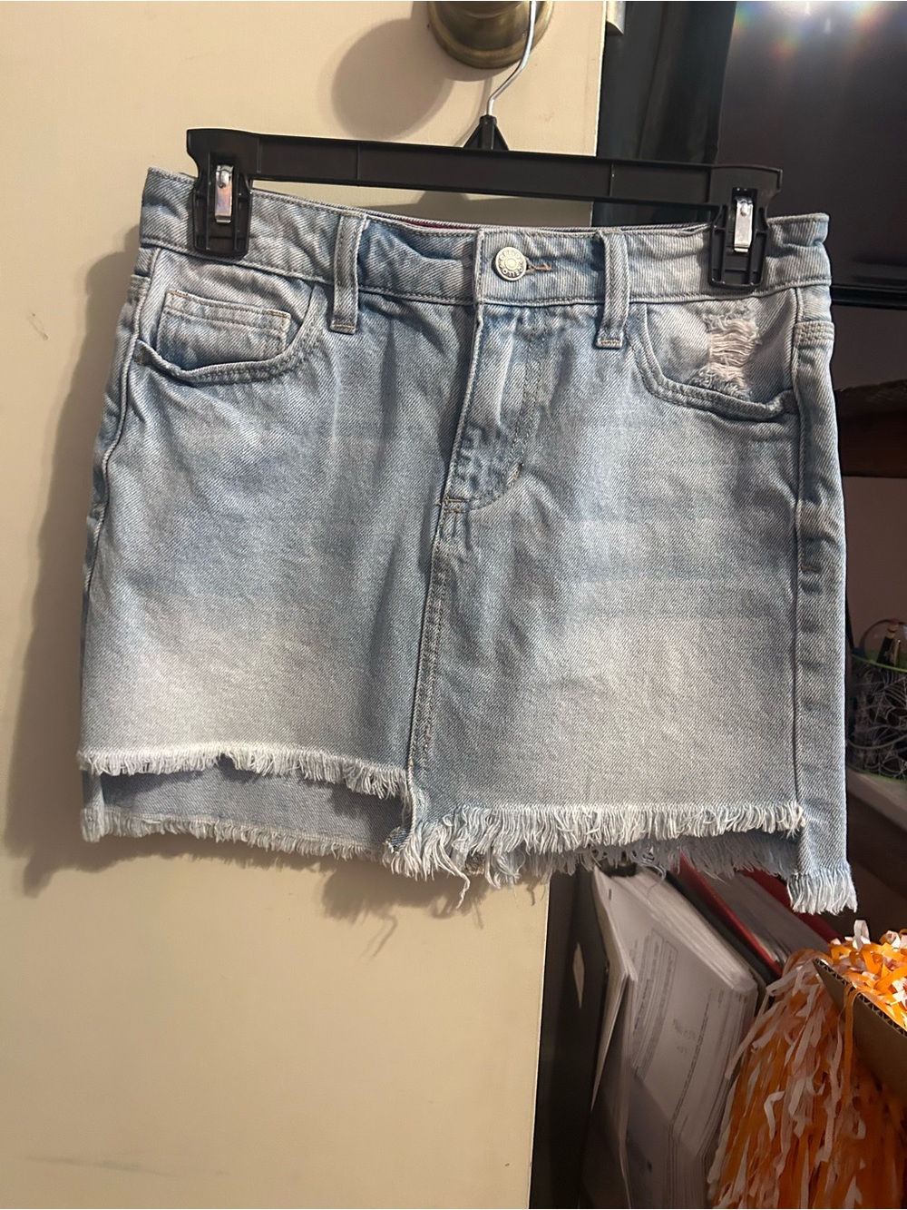 Cello Light Blue Distressed Denim Skirt with Red Trim